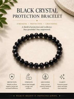 Black Crystal Protection Bracelet - Black Beaded Men’s Bracelet #107